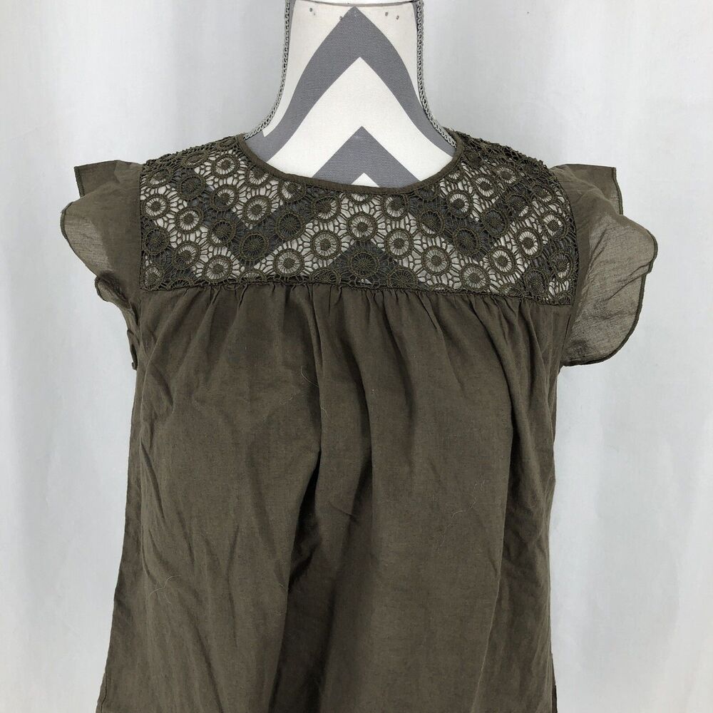 Zara Basic Olive Green Lace Top Babydoll Flutter Sleeve Blouse Medium